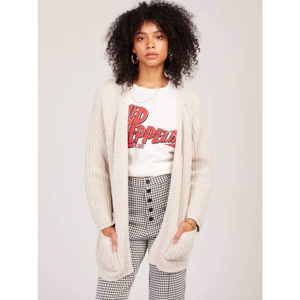 POL Mia Open-Front Ribbed Knit Cardigan - Almond - Small